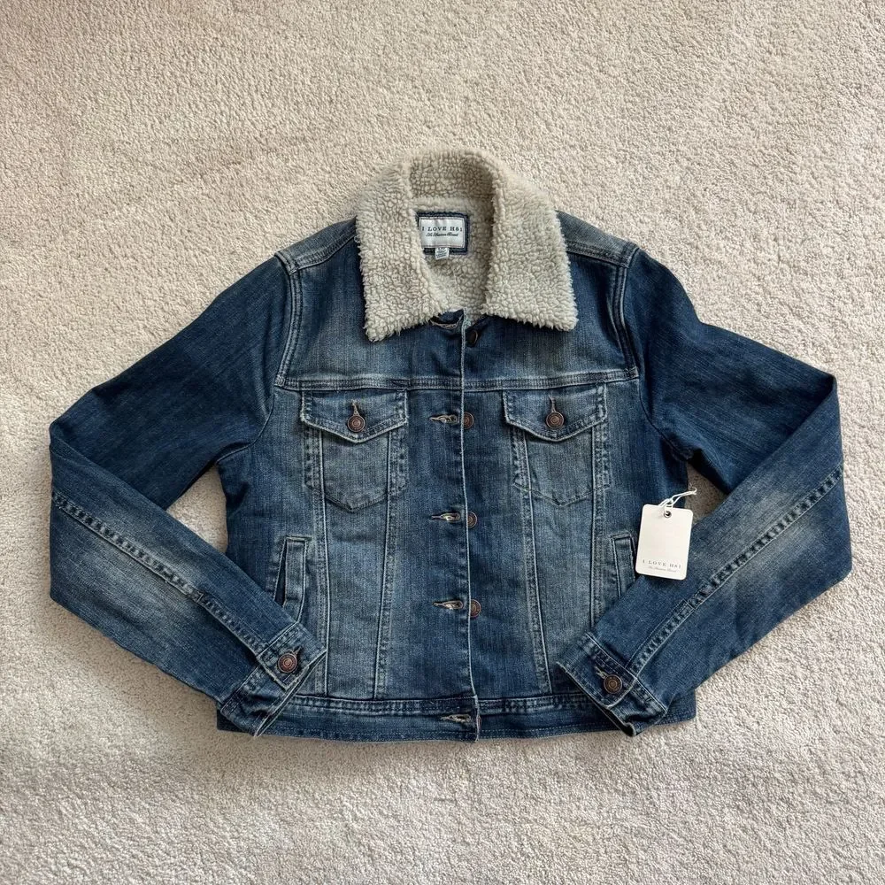 I Love H81 Sherpa Lined Denim Jacket Medium Wash Classic Jean Jacket L‎